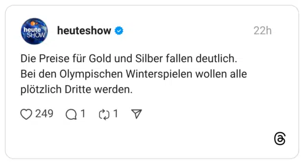 heute SHOW Die Preise für Gold und Silber fallen deutlich. Bei den Olympischen Winterspielen wollen alle plötzlich Dritte werden.