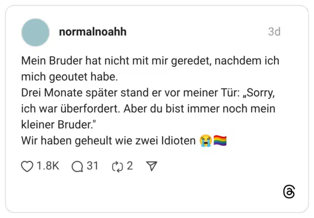 Mein Bruder hat nicht mit mir geredet, nachdem ich mich geoutet habe. Drei Monate später stand er vor meiner Tür: „Sorry, ich war überfordert. Aber du bist immer noch mein kleiner Bruder." Wir haben geheult wie zwei Idioten 😭🏳️‍🌈