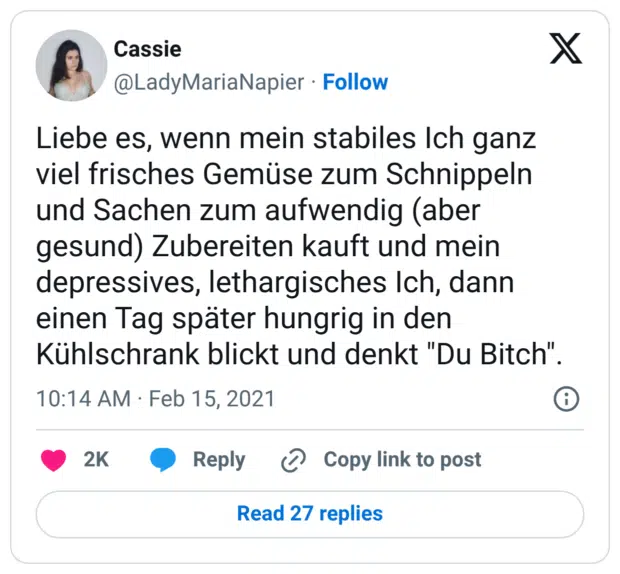 Liebe es, wenn mein stabiles Ich ganz viel frisches Gemüse zum Schnippeln und Sachen zum aufwendig (aber gesund) Zubereiten kauft und mein depressives, lethargisches Ich, dann einen Tag später hungrig in den Kühlschrank blickt und denkt "Du Bitch".