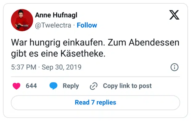 War hungrig einkaufen. Zum Abendessen gibt es eine Käsetheke.