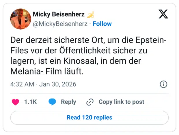 Der derzeit sicherste Ort, um die Epstein- Files vor der Öffentlichkeit sicher zu lagern, ist ein Kinosaal, in dem der Melania- Film läuft