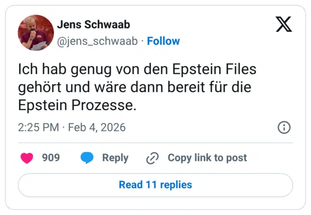 ch hab genug von den Epstein Files gehört und wäre dann bereit für die Epstein Prozesse.
