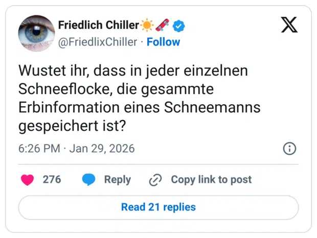 Wustet ihr, dass in jeder einzelnen Schneeflocke, die gesammte Erbinformation eines Schneemanns gespeichert ist?