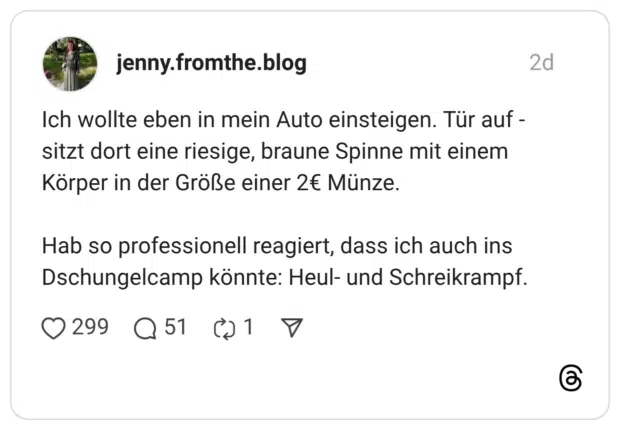 Ich wollte eben in mein Auto einsteigen. Tür auf - sitzt dort eine riesige, braune Spinne mit einem Körper in der Größe einer 2€ Münze. Hab so professionell reagiert, dass ich auch ins Dschungelcamp könnte: Heul- und Schreikrampf.