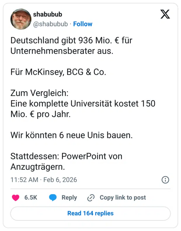 eutschland gibt 936 Mio. € für Unternehmensberater aus. Für McKinsey, BCG & Co. Zum Vergleich: Eine komplette Universität kostet 150 Mio. € pro Jahr. Wir könnten 6 neue Unis bauen. Stattdessen: PowerPoint von Anzugträgern.
