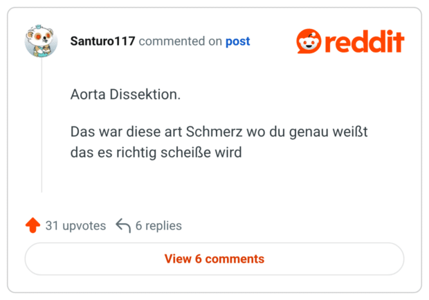 Aorta Dissektion. Das war diese art Schmerz wo du genau weißt das es richtig scheiße wird