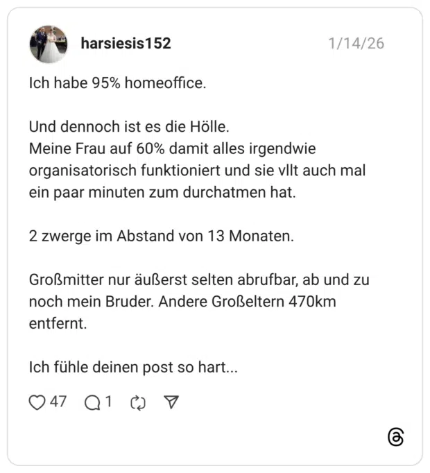Ich habe 95% homeoffice. Und dennoch ist es die Hölle. Meine Frau auf 60% damit alles irgendwie organisatorisch funktioniert und sie vllt auch mal ein paar minuten zum durchatmen hat. 2 zwerge im Abstand von 13 Monaten. Großmitter nur äußerst selten abrufbar, ab und zu noch mein Bruder. Andere Großeltern 470km entfernt. Ich fühle deinen post so hart.
