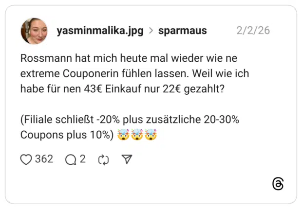 Rossmann hat mich heute mal wieder wie ne extreme Couponerin fühlen lassen. Weil wie ich habe für nen 43€ Einkauf nur 22€ gezahlt? (Filiale schließt -20% plus zusätzliche 20-30% Coupons plus 10%) 🤯🤯🤯