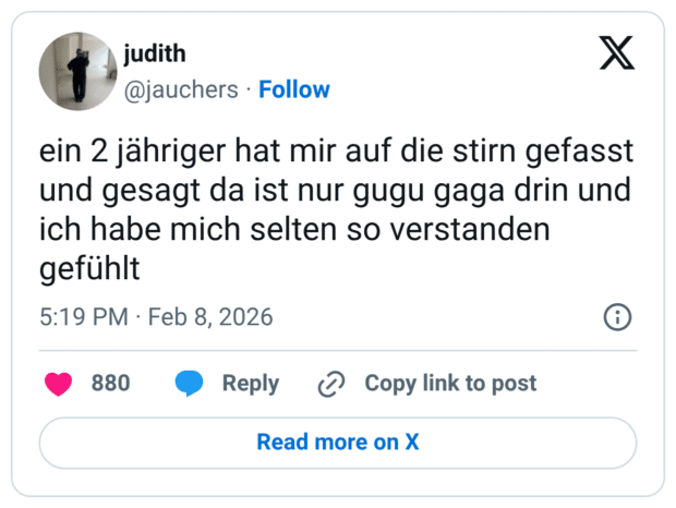 ein 2 jähriger hat mir auf die stirn gefasst und gesagt da ist nur gugu gaga drin und ich habe mich selten so verstanden gefühlt