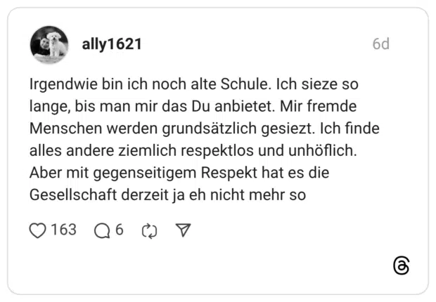 Irgendwie bin ich noch alte Schule. Ich sieze so lange, bis man mir das Du anbietet. Mir fremde Menschen werden grundsätzlich gesiezt. Ich finde alles andere ziemlich respektlos und unhöflich. Aber mit gegenseitigem Respekt hat es die Gesellschaft derzeit ja eh nicht mehr so