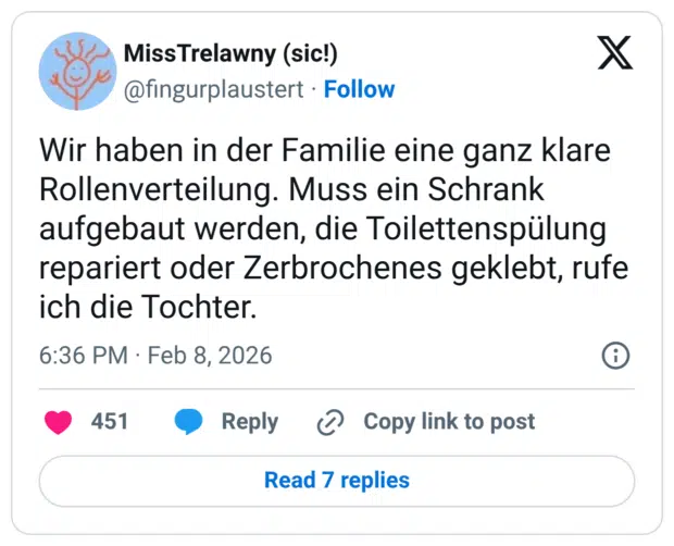 Wir haben in der Familie eine ganz klare Rollenverteilung. Muss ein Schrank aufgebaut werden, die Toilettenspülung repariert oder Zerbrochenes geklebt, rufe ich die Tochter