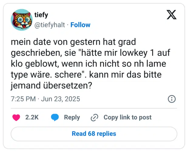 mein date von gestern hat grad geschrieben, sie "hätte mir lowkey 1 auf klo geblowt, wenn ich nicht so nh lame type wäre. schere" jemand übersetzen?