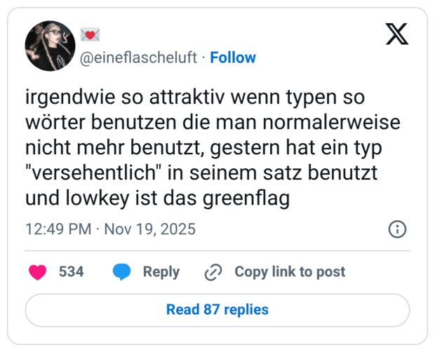 irgendwie so attraktiv wenn typen so wörter benutzen die man normalerweise nicht mehr benutzt, gestern hat ein typ "versehentlich" in seinem satz benutzt und lowkey ist das greenflag