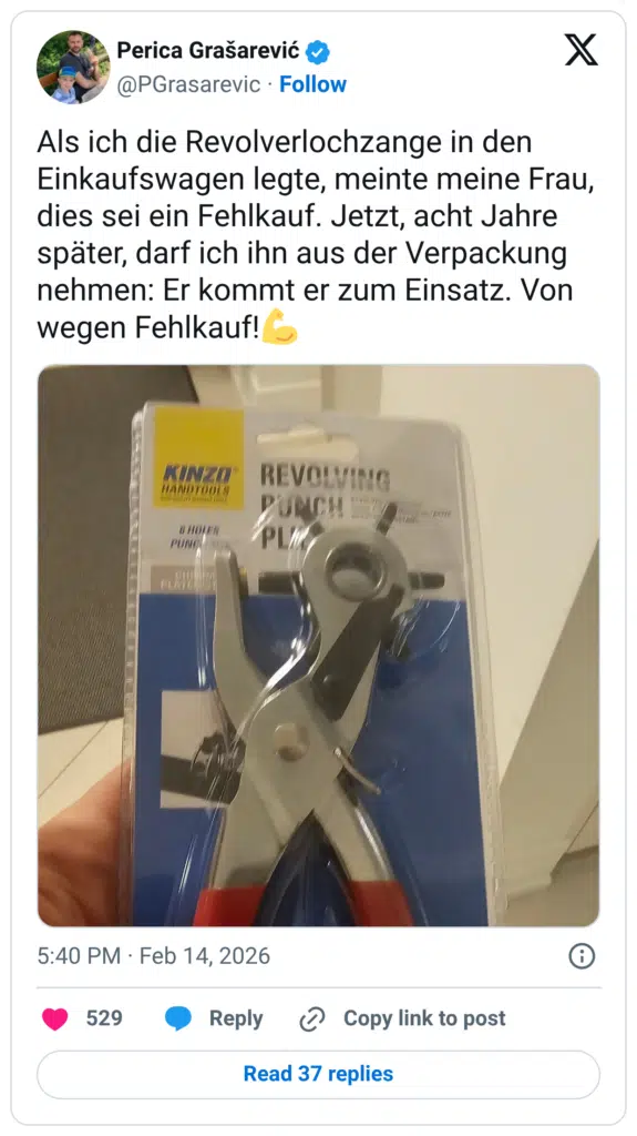 Als ich die Revolverlochzange in den Einkaufswagen legte, meinte meine Frau, dies sei ein Fehlkauf. Jetzt, acht Jahre später, darf ich ihn aus der Verpackung nehmen: Er kommt er zum Einsatz. Von wegen Fehlkauf!