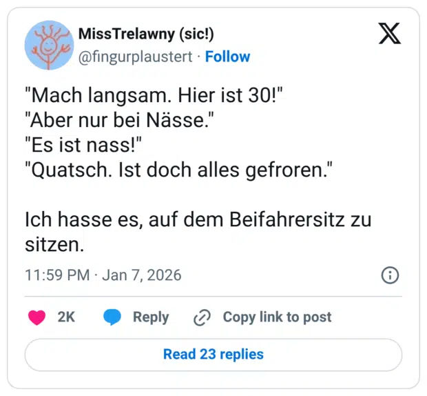 "Mach langsam. Hier ist 30!" "Aber nur bei Nässe." "Es ist nass!" "Quatsch. Ist doch alles gefroren." Ich hasse es, auf dem Beifahrersitz zu sitzen.