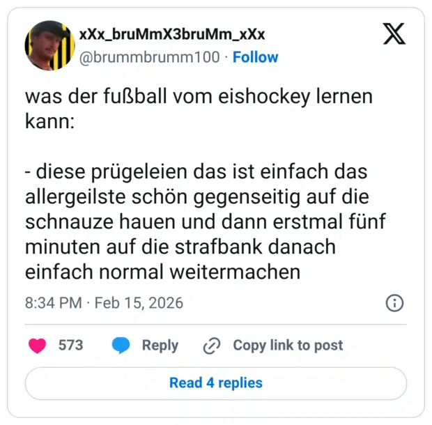 was der fußball vom eishockey lernen kann: - diese prügeleien das ist einfach das allergeilste schön gegenseitig auf die schnauze hauen und dann erstmal fünf minuten auf die strafbank danach einfach normal weitermachen