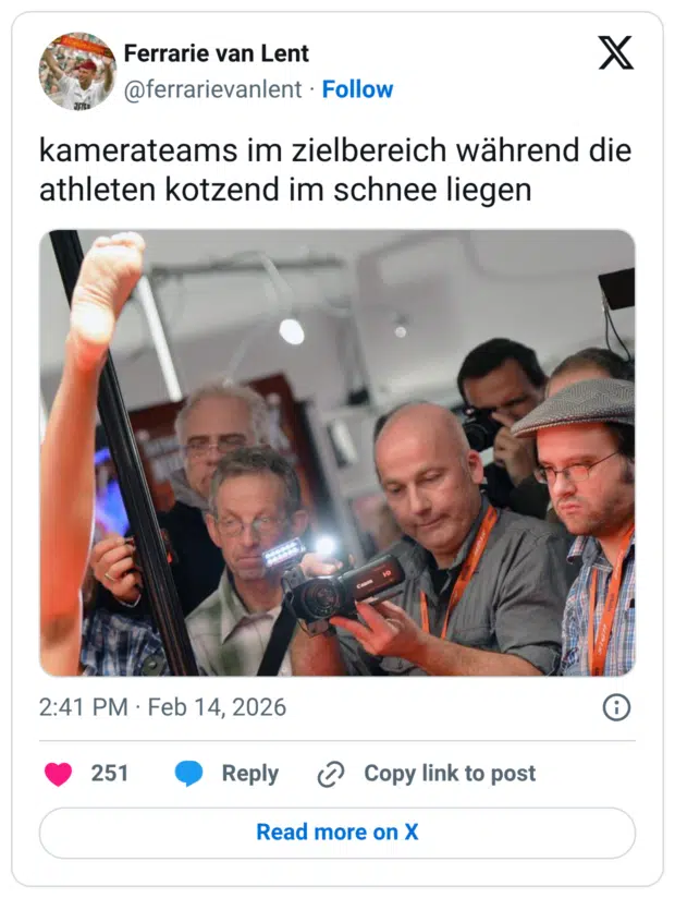 kamerateams im zielbereich während die athleten kotzend im schnee liegen