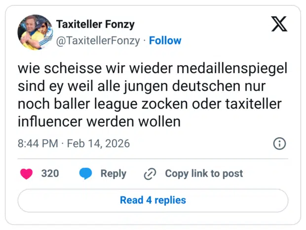 wie scheisse wir wieder medaillenspiegel sind ey weil alle jungen deutschen nur noch baller league zocken oder taxiteller influencer werden wollen