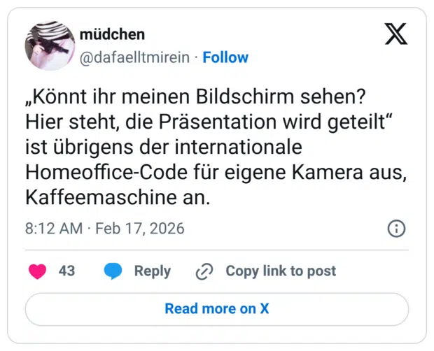 „Könnt ihr meinen Bildschirm sehen? Hier steht, die Präsentation wird geteilt" ist übrigens der internationale Homeoffice-Code für eigene Kamera aus, Kaffeemaschine an