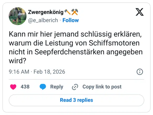Kann mir hier jemand schlüssig erklären, warum die Leistung von Schiffsmotoren nicht in Seepferdchenstärken angegeben wird?
