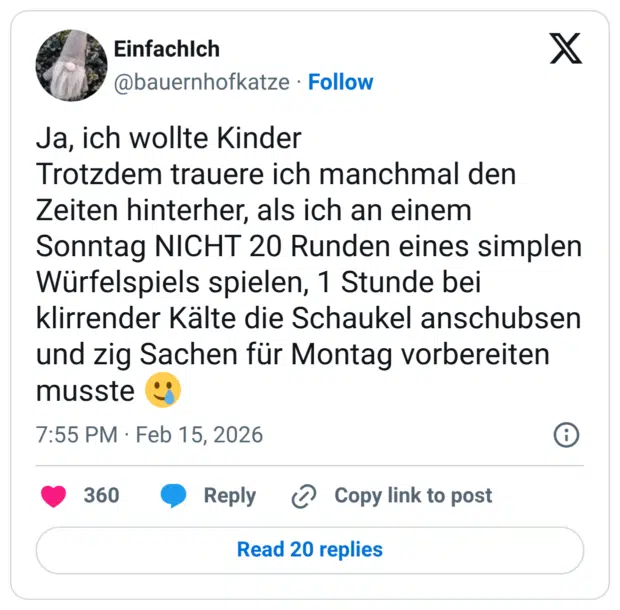 Ja, ich wollte Kinder Trotzdem trauere ich manchmal den Zeiten hinterher, als ich an einem Sonntag NICHT 20 Runden eines simplen Würfelspiels spielen, 1 Stunde bei klirrender Kälte die Schaukel anschubsen und zig Sachen für Montag vorbereiten musste