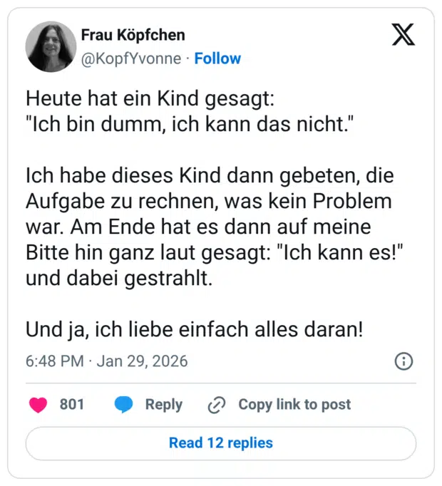 Heute hat ein Kind gesagt: "Ich bin dumm, ich kann das nicht." Ich habe dieses Kind dann gebeten, die Aufgabe zu rechnen, was kein Problem war. Am Ende hat es dann auf meine Bitte hin ganz laut gesagt: "Ich kann es!" und dabei gestrahlt. Und ja, ich liebe einfach alles daran!