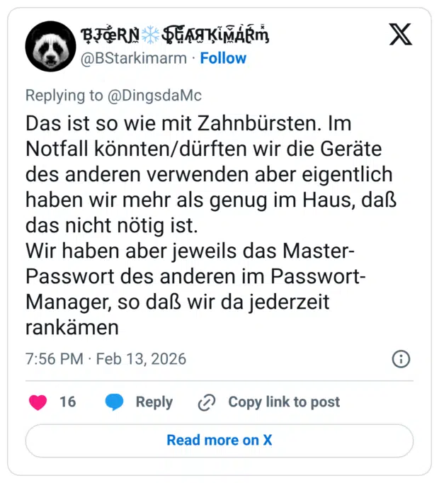 Nein. Ich sehe für mich zwei Gründe. Zuerst der Schutz meiner Freunde, mir schreiben zu können, ohne dass mein Partner ihre Gedanken und Gefühle mitliest. Und dann meine eigene Privatsphäre, die ich auch gegenüber meinem Partner (dem ich treu bin) bewahren möchte.
