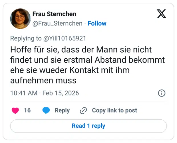 Hoffe für sie, dass der Mann sie nicht findet und sie erstmal Abstand bekommt ehe sie wueder Kontakt mit ihm aufnehmen muss