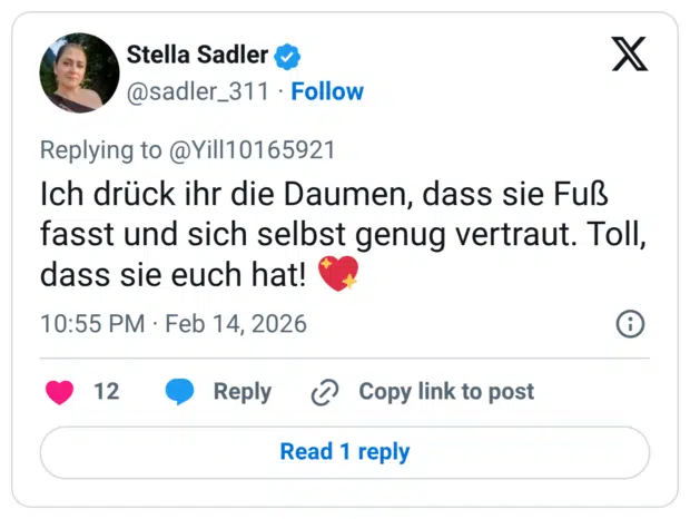 Ich drück ihr die Daumen, dass sie Fuß fasst und sich selbst genug vertraut. Toll, dass sie euch hat!