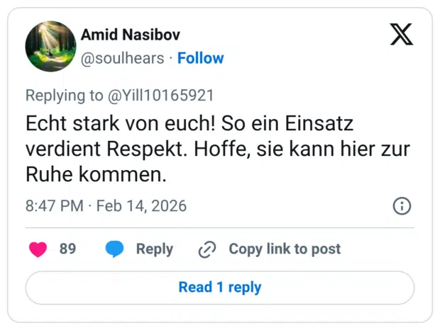 Echt stark von euch! So ein Einsatz verdient Respekt. Hoffe, sie kann hier zur Ruhe kommen.