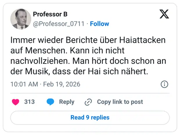 Immer wieder Berichte über Haiattacken auf Menschen. Kann ich nicht nachvollziehen. Man hört doch schon an der Musik, dass der Hai sich nähert.