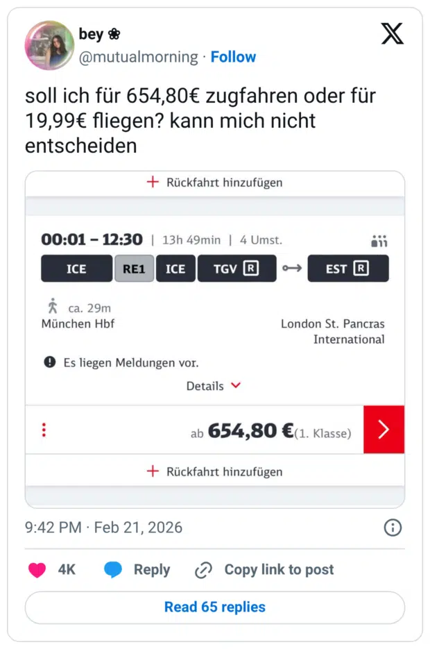 soll ich für 654,80€ zugfahren oder für 19,99€ fliegen? kann mich nicht entscheiden