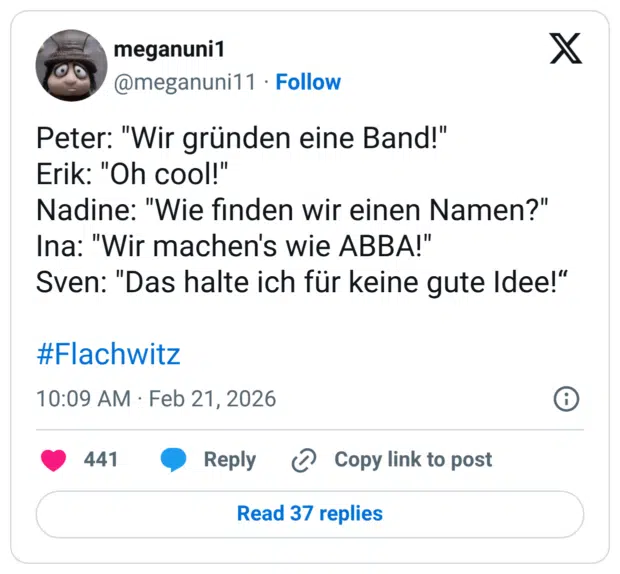 Peter: "Wir gründen eine Band!" Erik: "Oh cool!" Nadine: "Wie finden wir einen Namen?" Ina: "Wir machen's wie ABBA!" Sven: "Das halte ich für keine gute Idee!“
