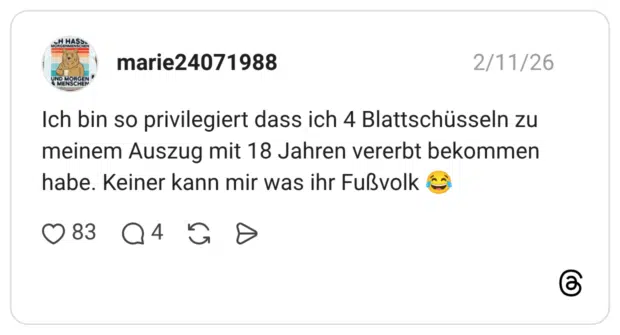 Ich bin so privilegiert dass ich 4 Blattschüsseln zu meinem Auszug mit 18 Jahren vererbt bekommen habe. Keiner kann mir was ihr Fußvolk 😂