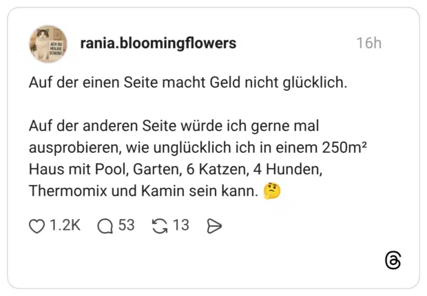 Auf der einen Seite macht Geld nicht glücklich. Auf der anderen Seite würde ich gerne mal ausprobieren, wie unglücklich ich in einem 250mz Haus mit Pool, Garten, 6 Katzen, 4 Hunden, Thermomix und Kamin sein kann.