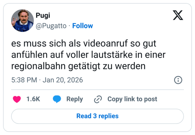 es muss sich als videoanruf so gut anfühlen auf voller lautstärke in einer regionalbahn getätigt zu werden