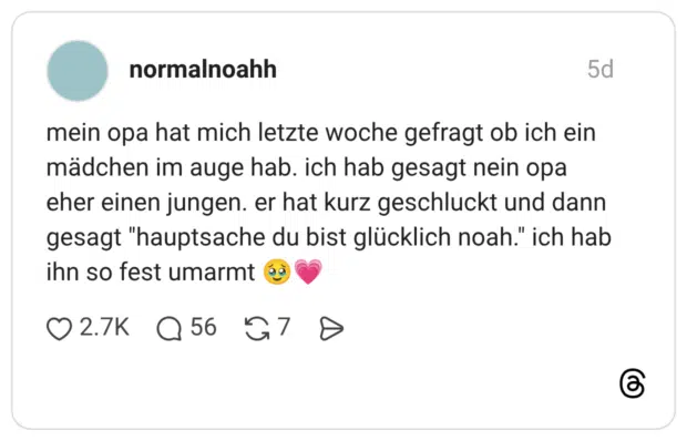 meine oma hat mich heute angerufen nur um zu fragen ob ich glücklich bin. nicht ob ich einen freund hab. nicht ob ich zur kirche gehe. ob ich glücklich bin. 82 jahre alt und die weiseste person die ich kenne 🥹💗