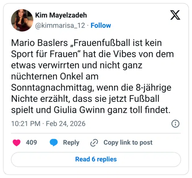 Mario Baslers „Frauenfußball ist kein Sport für Frauen" hat die Vibes von dem etwas verwirrten und nicht ganz nüchternen Onkel am Sonntagnachmittag, wenn die 8-jährige Nichte erzählt, dass sie jetzt Fußball spielt und Giulia Gwinn ganz toll findet