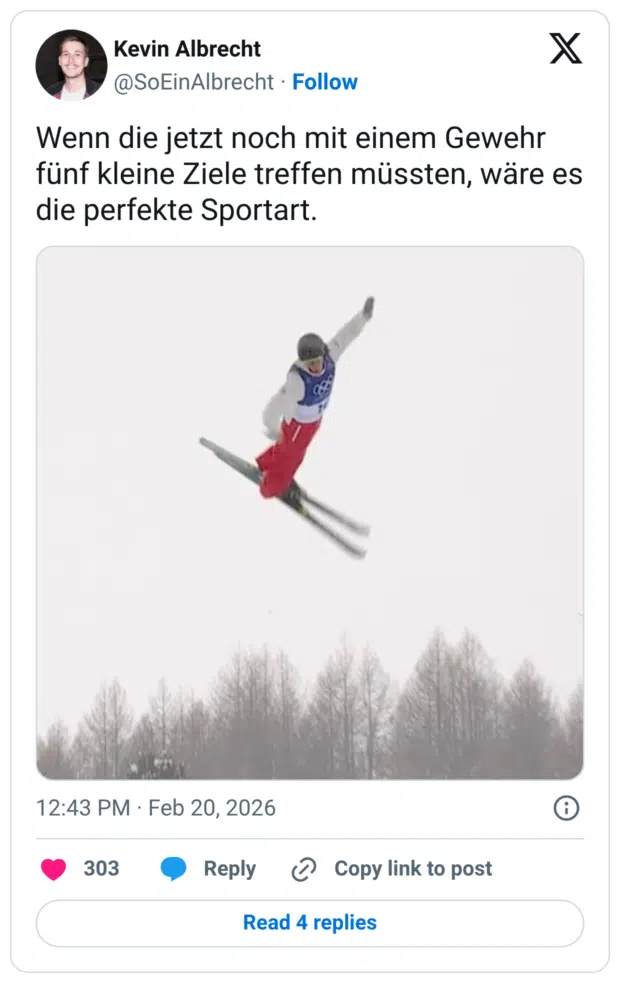 enn die jetzt noch mit einem Gewehr fünf kleine Ziele treffen müssten, wäre es die perfekte Sportart.