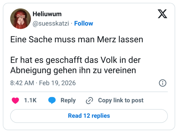Eine Sache muss man Merz lassen Er hat es geschafft das Volk in der Abneigung gehen ihn zu vereinen