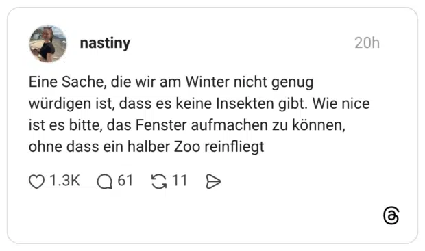 Eine Sache, die wir am Winter nicht genug würdigen ist, dass es keine Insekten gibt. Wie nice ist es bitte, das Fenster aufmachen zu können, ohne dass ein halber Zoo reinfliegt