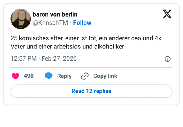 25 komisches alter, einer ist tot, ein anderer ceo und 4x Vater und einer arbeitslos und alkoholiker