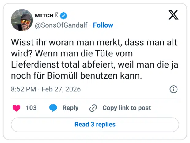 Wisst ihr woran man merkt, dass man alt wird? Wenn man die Tüte vom Lieferdienst total abfeiert, weil man die ja noch für Biomüll benutzen kann.