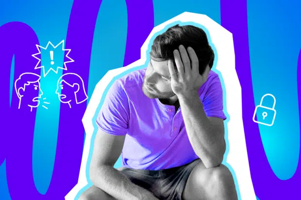 Moderne Grafik eines Mannes, der sichtlich unter psychischem Druck und Stress leidet. Die Illustration fängt die Isolation durch fehlendes familiäres Verständnis ein. Ideal für Blogbeiträge über Mental Health, ADHS im Erwachsenenalter, toxische Eltern und den Umgang mit Jobverlust.