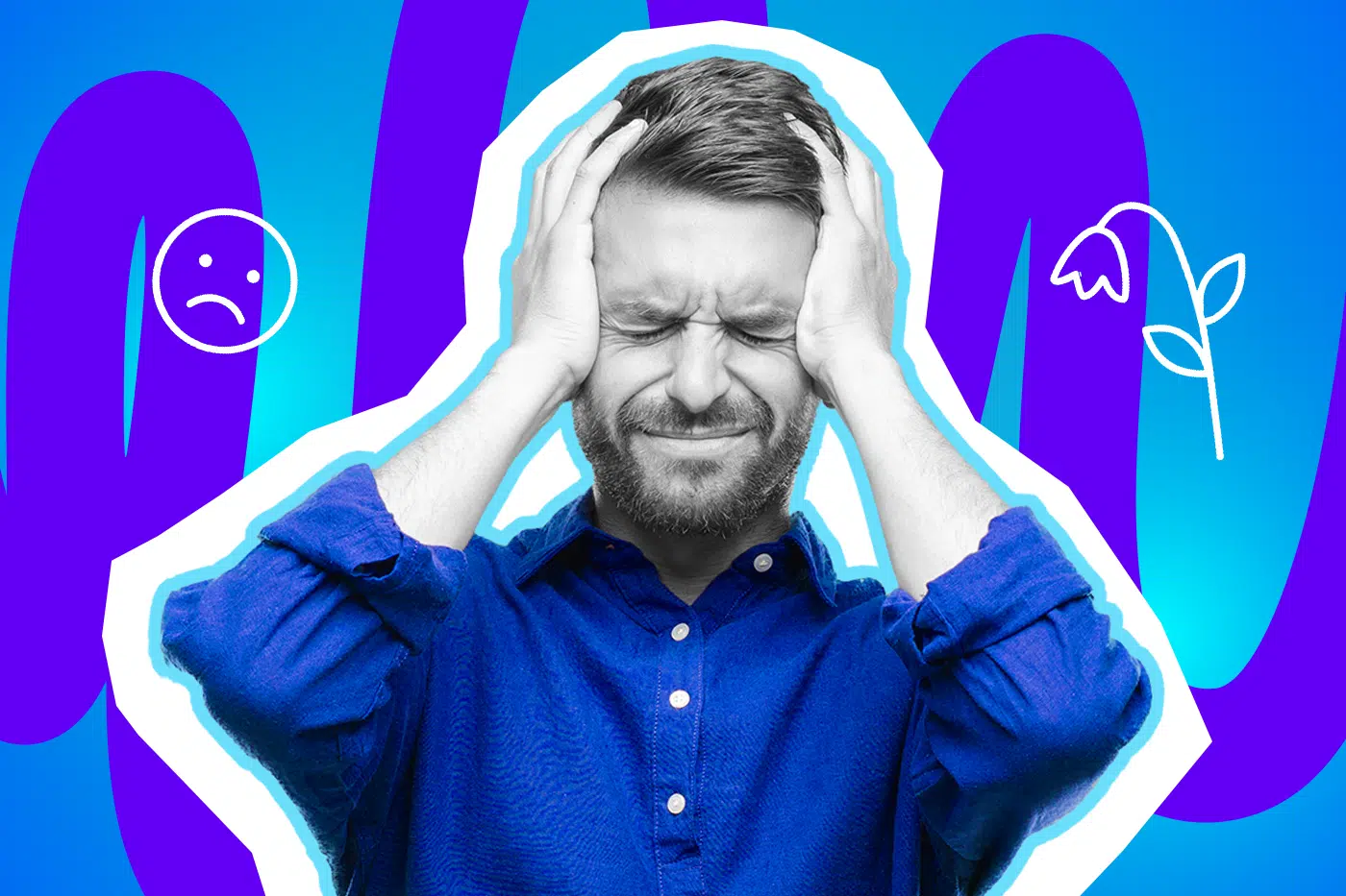 Ausdrucksstarke Collage zum Thema emotionale Krisen und Versagensängste: Ein völlig verzweifelter Mann in Schwarz-Weiß fasst sich mit fest zusammengekniffenen Augen und schmerzverzerrtem Gesicht an den Kopf. Er trägt ein leuchtend dunkelblaues Hemd. Neben ihm schweben weiße Icons eines traurigen Smileys und einer verwelkten Blume. Das Pop-Art-Motiv vor einem blau-violetten Wellen-Hintergrund visualisiert tiefe Traurigkeit, mentale Überforderung und das drückende Gefühl, im Leben versagt zu haben