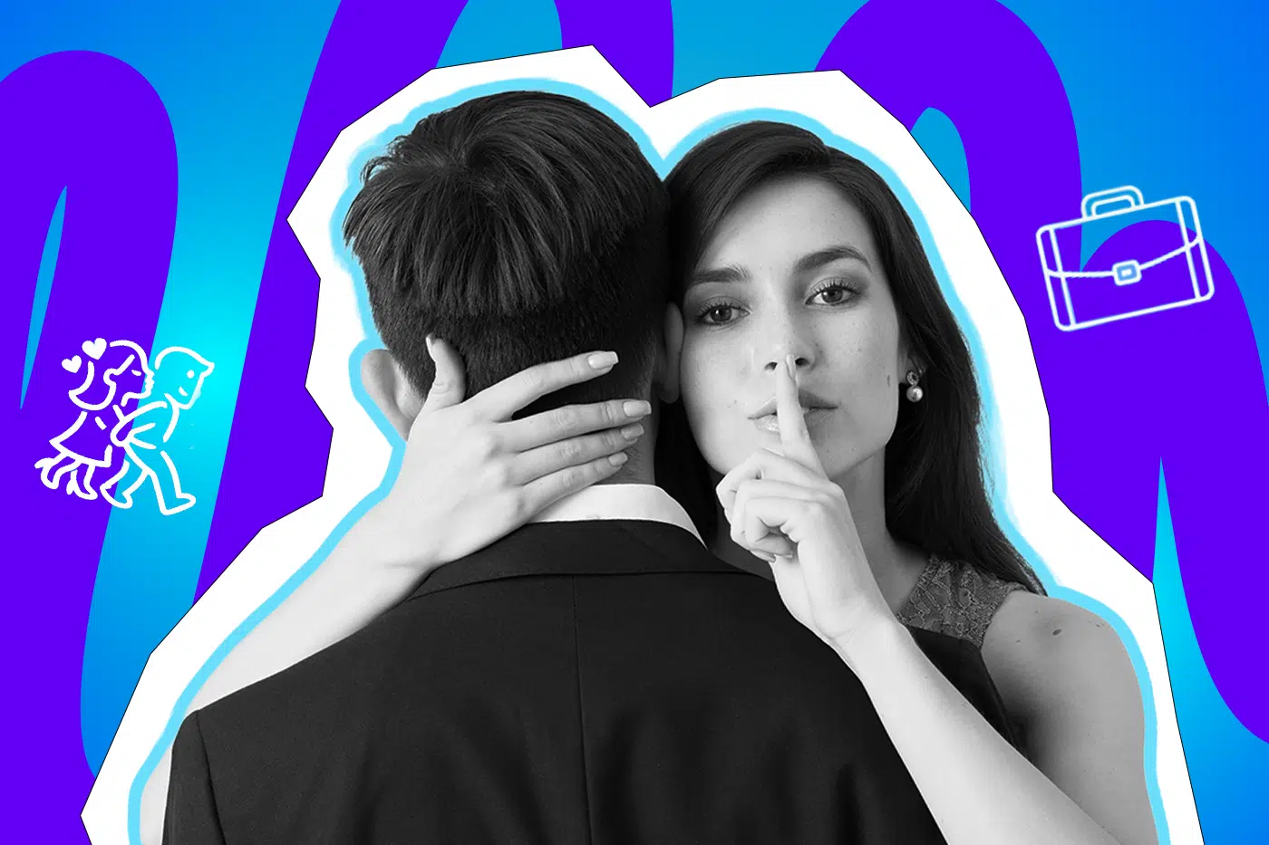 Moderne Grafik, die das stumme Wissen um einen Betrug darstellt. Eine Frau umarmt ihren Partner, während sie den Betrachter zum Schweigen auffordert. Ideal für tiefgründige Blogbeiträge über das schleichende Ende einer Ehe, Affären mit Klienten und den schmerzhaften Umgang mit Untreue.