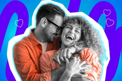 Moderne Grafik, die pures Liebesglück und eine unbeschwerte Beziehungsdynamik darstellt. Ein Mann und eine Frau lachen herzhaft, während sie sich umarmen. Ideal für humorvolle Blogbeiträge über das Beziehungsleben, Single-Alltag, absurde Dating-Erlebnisse und Paar-Anekdoten.