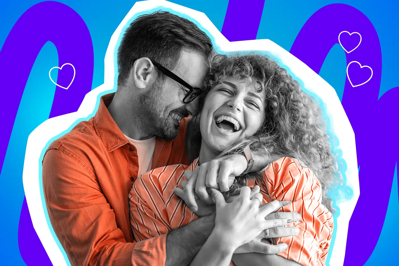 Moderne Grafik, die pures Liebesglück und eine unbeschwerte Beziehungsdynamik darstellt. Ein Mann und eine Frau lachen herzhaft, während sie sich umarmen. Ideal für humorvolle Blogbeiträge über das Beziehungsleben, Single-Alltag, absurde Dating-Erlebnisse und Paar-Anekdoten.