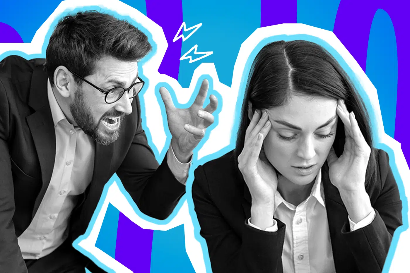 Ausdrucksstarke Collage zum Thema Büro-Wahnsinn: Ein wütender Mann mit Brille und Anzug in Schwarz-Weiß gestikuliert auf der linken Seite aggressiv und schreit. Rechts daneben sitzt eine gestresste Frau im Blazer in Schwarz-Weiß, die sich mit geschlossenen Augen erschöpft an die Schläfen fasst. Weiße Blitz-Icons zwischen den beiden und das Pop-Art-Motiv vor einem markanten blau-violetten Wellen-Hintergrund visualisieren lautstarke Konflikte, nervige Kollegen und den puren Stress im Büroalltag.