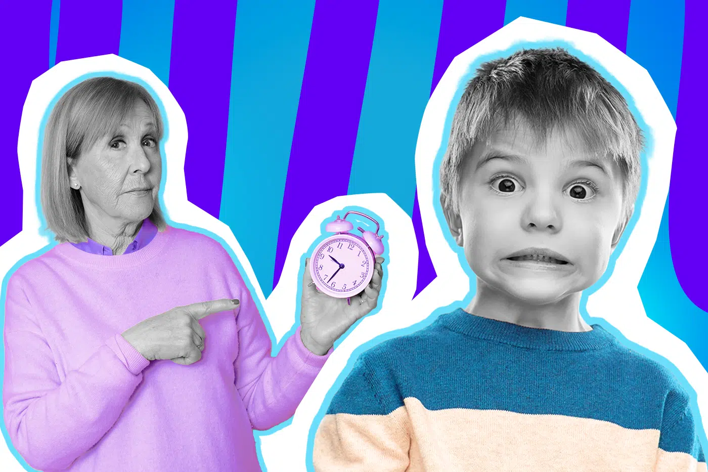 Humorvolle Collage zum Thema Erwachsenwerden: Eine ernst blickende Frau in Schwarz-Weiß mit einem lilafarbenen Pullover zeigt mahnend auf einen kleinen rosafarbenen Wecker in ihrer Hand. Daneben starrt ein Junge in Schwarz-Weiß mit einem blau-beigen Pullover panisch und mit weit aufgerissenen Augen in die Kamera. Das Pop-Art-Motiv vor einem blau-violetten Wellen-Hintergrund visualisiert humorvoll die tickende Uhr des Lebens und die Angst vor Verantwortung.